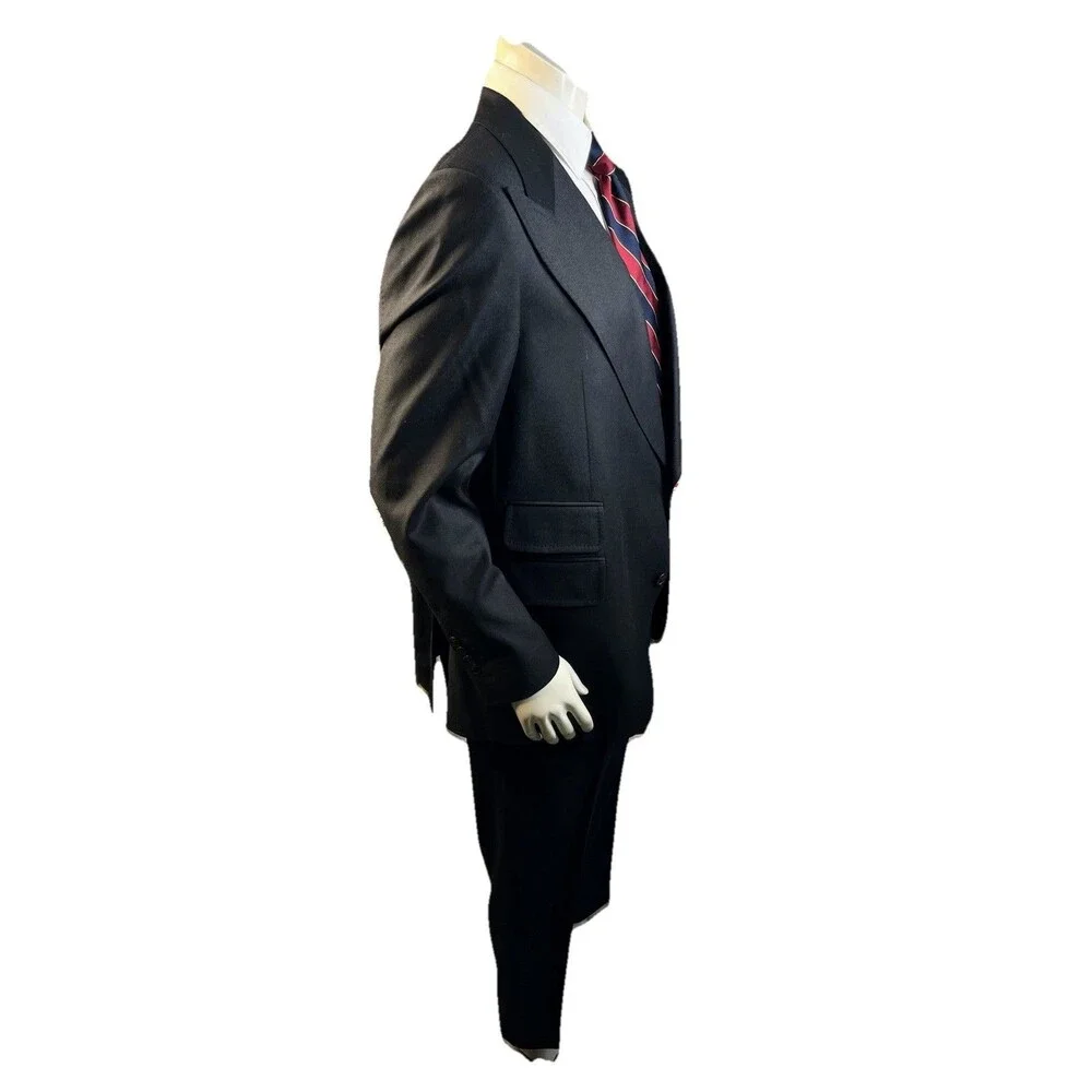 Vtg Bespoke Men Suit Black Flannel Wool Hand Tailored Surgeon’s Cuffs 48R 46x30